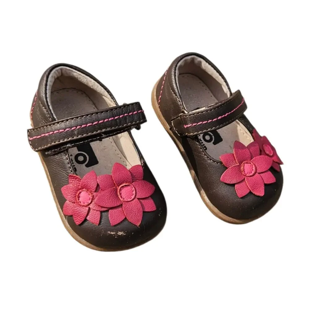 See Kai Run Toddler Girls Size 3 Brown Pink Flower Mary Jane Shoes